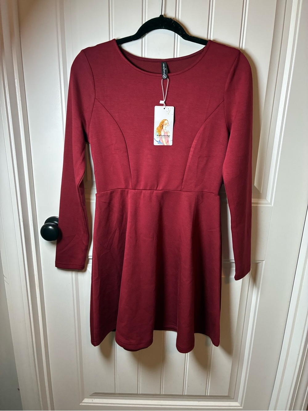 Women's Burgundy Long-Sleeve Fit & Flare Midi Dress